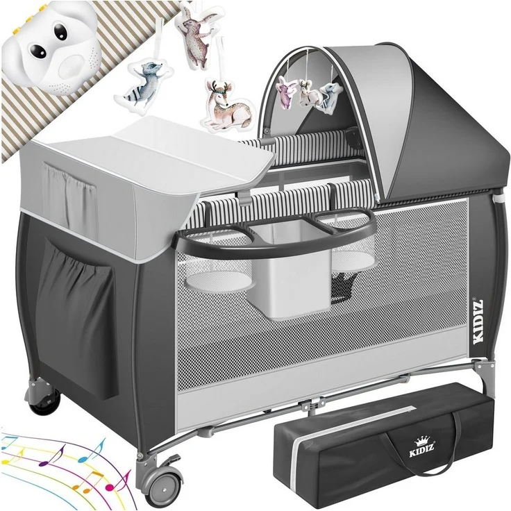 KIDIZ® Babybett Reisebett Kinderreisebett Faltbar mit Matratze 120x60, Seiteneingang, Wickelauflage, Mosktionetz, Spielbogen & Tragetasche Baby Beistellbett Kinderbett ab Geburt bis 15 kg Grau – Bild 1