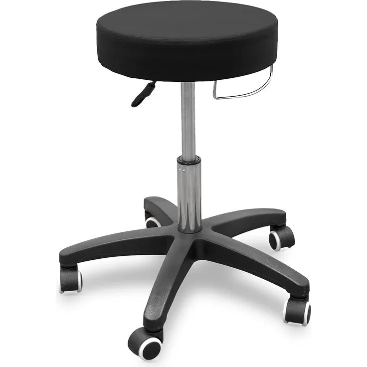 Quirumed Hocker mit rollbarem Untergestell und Handtuchhalter, Farbe Schwarz, Kunstleder, hochdichte Polsterung, leicht, mit Rollen, höhenverstellbar, bis 150 kg