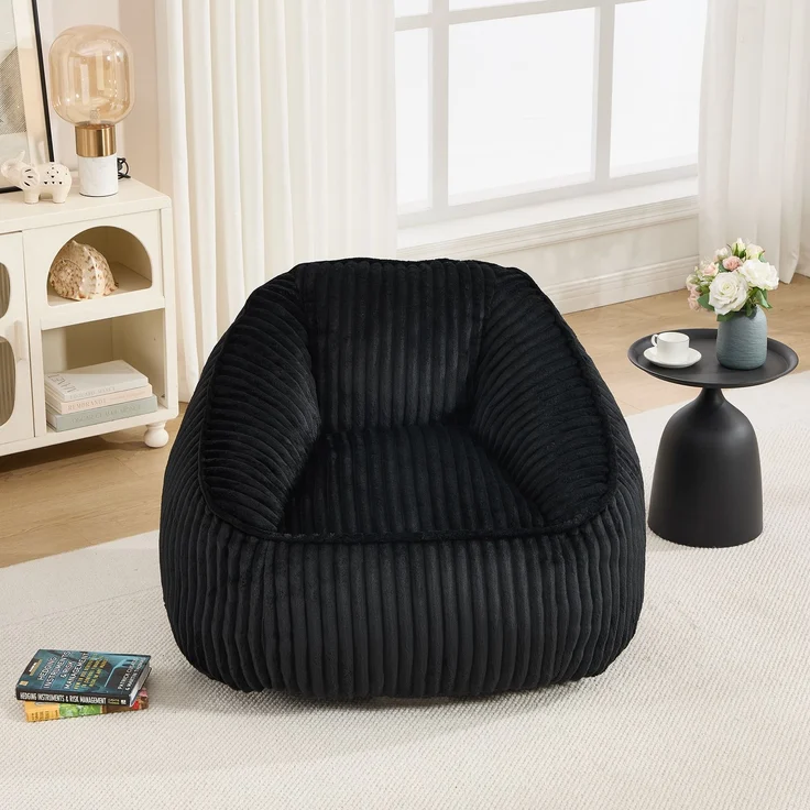 Bean Bag Stuhl mit Memory-Schaumstofffüllung, gestreifter Blasen-Plüsch, flauschig, gemütlich, gemütlicher Sofa für Wohnzimmer, Wohnungen und Schlafsäle--Schwarz--98x92x73cm--YOUDENOVA – Bild 2