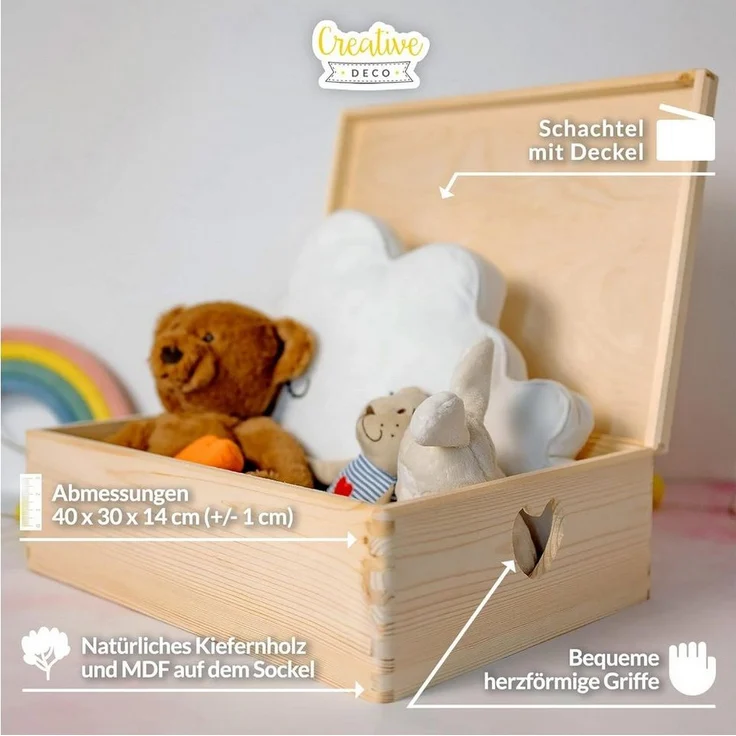 Creative Deco Aufbewahrungsbox Holzkiste mit Deckel Erinnerungsbox Holzbox, herzförmige Griffe – Bild 3