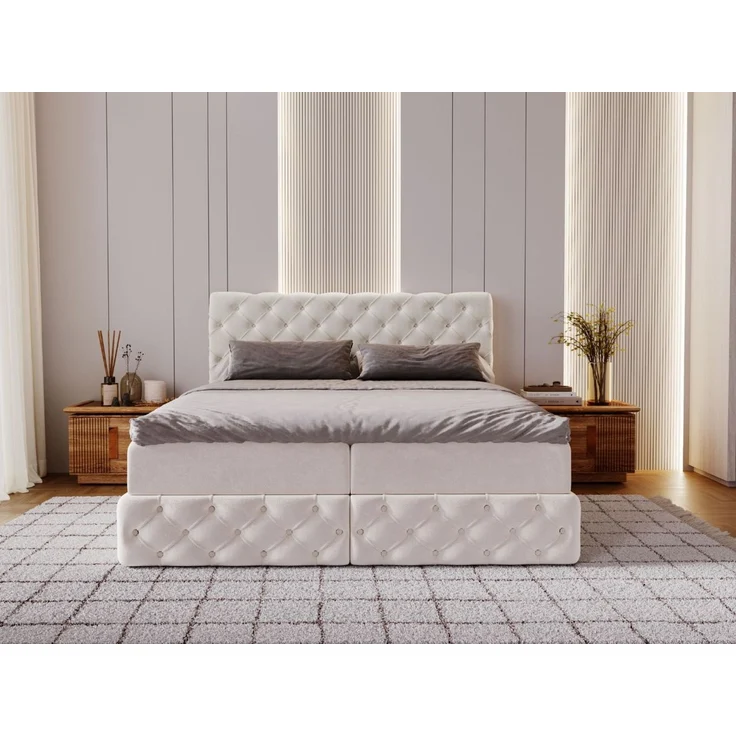 GRAINGOLD Canolo Doppelbett 180x200, Boxspringbett mit zwei Bettkästen, Glamour Stil, Velour-Stoff, Creme – Bild 3
