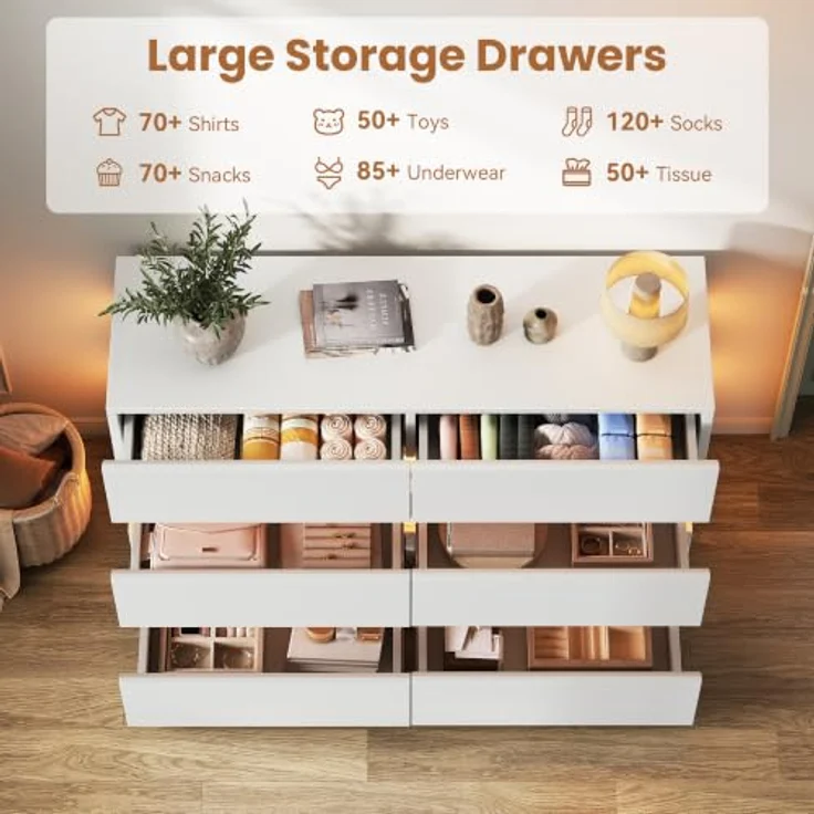 Jocoevol Kommode mit LED-Lichtstreifen, Schubladenschrank mit 6 Schubladen | Moderner Sideboards Wohnzimmer mit Kippsicherung, Verstellbare LED-Leuchten für Wohnzimmer Schlafzimmer, 120x78x38cm, Weiß – Bild 4