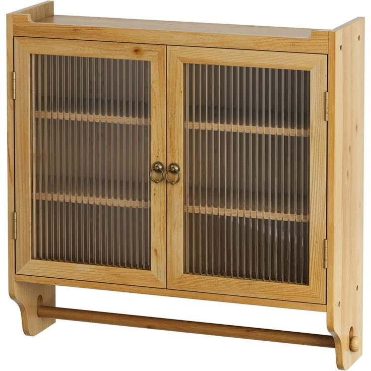 Wandschrank mit Glasfront, 3 Ablagen & Handtuchhalter, 63x18x60 cm, Natur – Bild 6