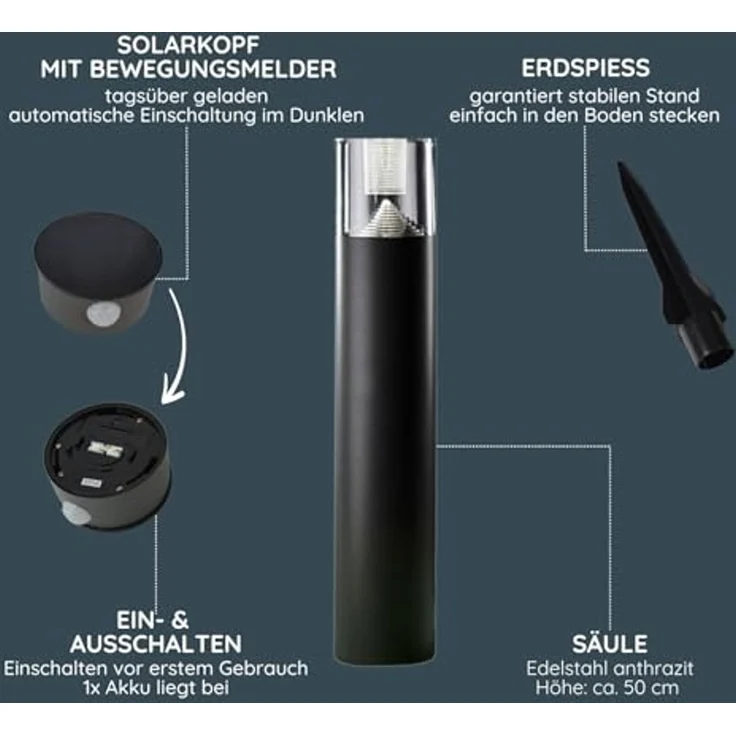 MeLiTec Solar Gartenleuchte rund/ eckig mit Bewegungsmelder, Edelstahl silber / anthrazit : Rund : Anthrazit – Bild 6