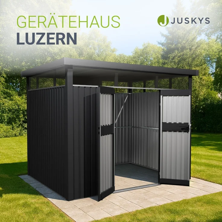 Juskys Gerätehaus Luzern 7,8 m² - Metall Geräteschuppen mit Türen & Fenstern - wetterfest & abschließbar - Fahrradgarage, Gartenhaus - Anthrazit – Bild 2