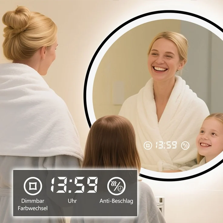 Pesenxan Runder LED Badspiegel Ø 70 cm, dimmbar, 3 Lichtfarben & Antibeschlag, 3-in-1-Touchsteuerung, 24h-Digitaluhr, mattschwarzer Aluminiumrahmen, für Badezimmer, Schwarz – Bild 3