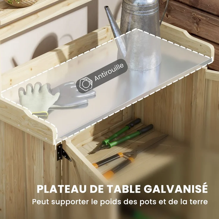 Umtopf-Tisch, Gartentisch, Schrank und Regale sowie Tablett mit rutschfesten Gleitern, 90,5 x 41 x 124,5 cm, Naturholz – Bild 6