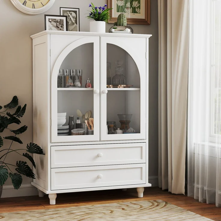Aufbewahrungsschrank 71 x 38 x 106,5 cm in Weiß mit gewölbten Glastüren und 2 Schubladen – Bild 1