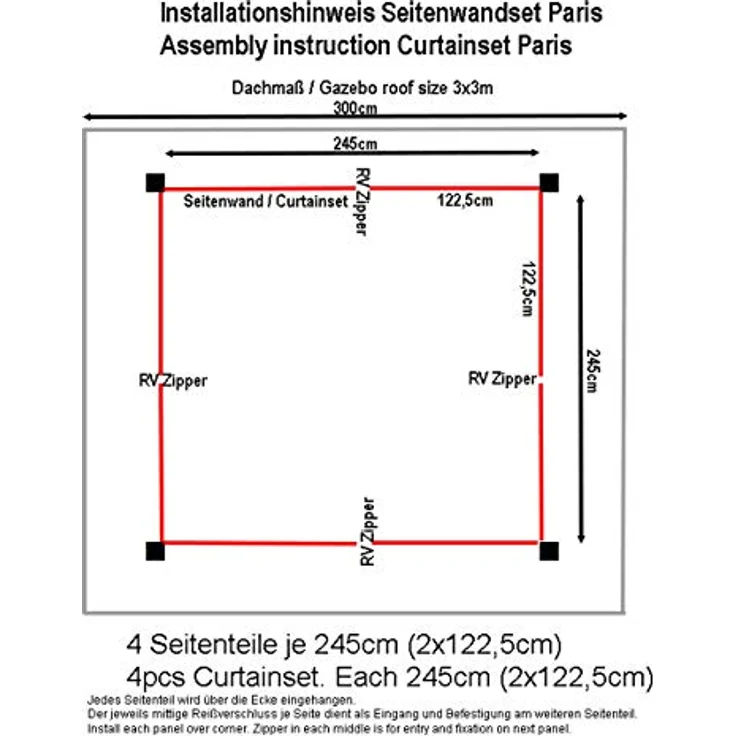 QUICK STAR 4 Seitenteile für Pavillon Paris 3x3m, Seitenwandset in Platingrau, 100% Polyester, inklusive Reißverschlussbefestigung – Bild 3