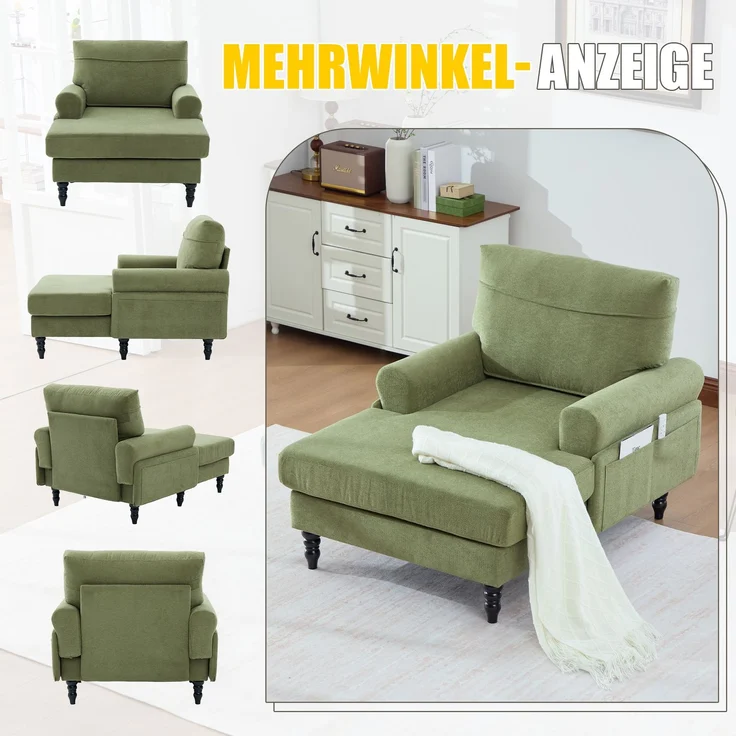 LVHOM XXL Relaxsessel mit Seitentaschen, Großer Chaiselongue-Sessel aus Chenille, Haustierfreundlich, Ergonomische Polsterung für Wohnzimmer, Büro, Wintergarten – Bild 4