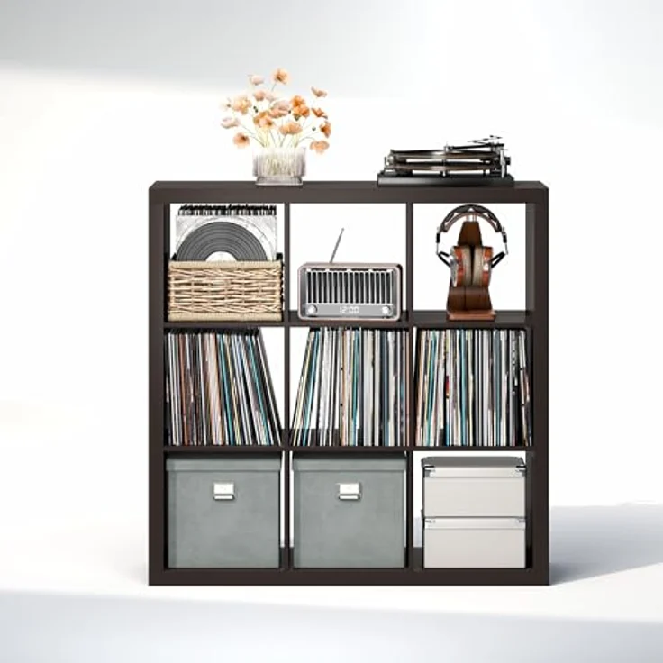 Furinno Cubicle Plattenspieler Regal mit Vinyl Aufbewahrung, 9-Würfel 1.8 Dreifach Dicke Vinyl Aufbewahrung, Offen Rückseitiges Medienregal für CD DVD Blueray Spiel Discs, Schwarz Dunkle Eiche – Bild 7