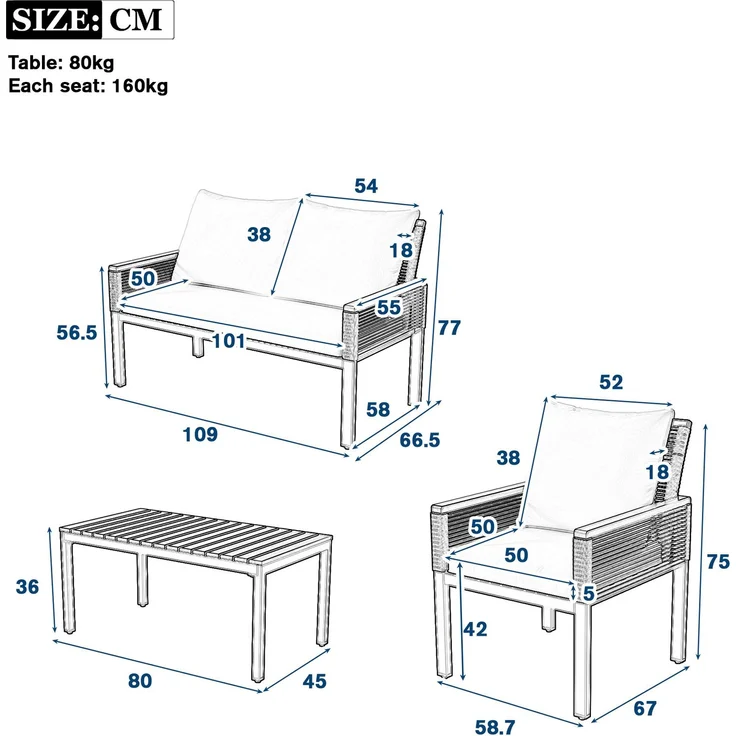 Merax Gartenlounge-Set für 4 Personen, Gartenmöbel Set mit bequemem Kissen, Doppelsofa, 2 Sessel und Tisch, Outdoor, Rattan, Tisch und Stühle, grau – Bild 7