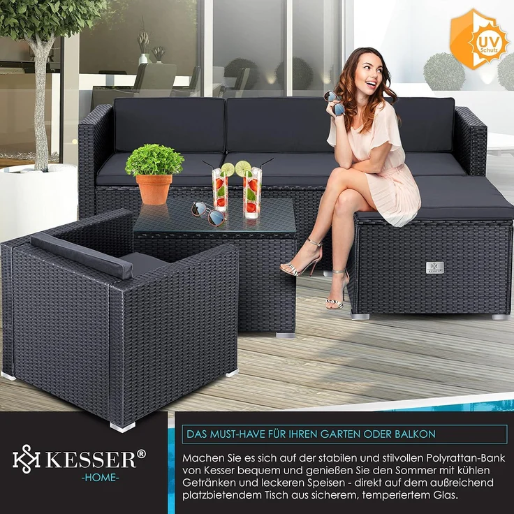 KESSER® Polyrattan Lounge Aruba – Gartenlounge für 4-5 Personen Gartenmöbel-Set Sitzgruppe aus 3er Gartensofa, Sessel, Hocker und Beistelltisch mit Sitzkissen - für Garten, Terrasse und Balkon Anthrazit – Bild 3