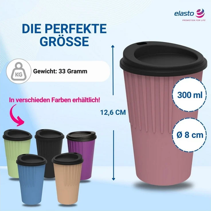 elasto Coffee-to-go-Becher Kaffeebecher 300ml Trinkbecher mit Deckel und Riffel, Made in Germany, BPA-frei, 100% recyclebar, Heißgetränke, Teebecher – Bild 4