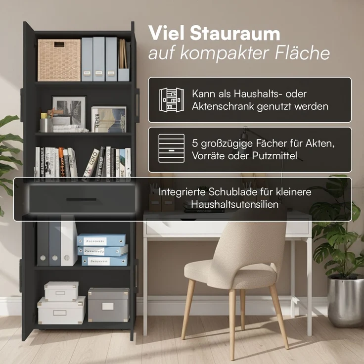 Bellamio 'Apol' Mehrzweckschrank, schwarz, 176x33x60 cm, Aktenschrank mit Schublade und 5 Ablagefächern – Bild 5