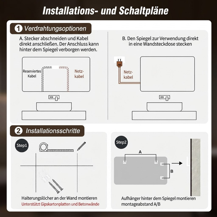 70×90cm LED Badezimmerspiegel mit schwarzem Aluminiumrahmen, Front- & Hintergrundbeleuchtung, Anti-Beschlag, 3 Lichtfarben, dimmbar, Memory-Funktion, horizontal & vertikal montierbar, IP44 wasserdich--Schwarz--90x70x4cm--YOUDENOVA – Bild 8