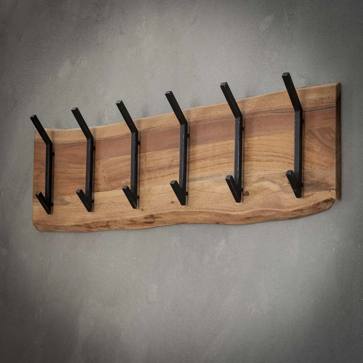 Garderobe aus massivem Akazienholz, modern mit Baumkante, 6 Haken, Natur, Wandmontage – Bild 8