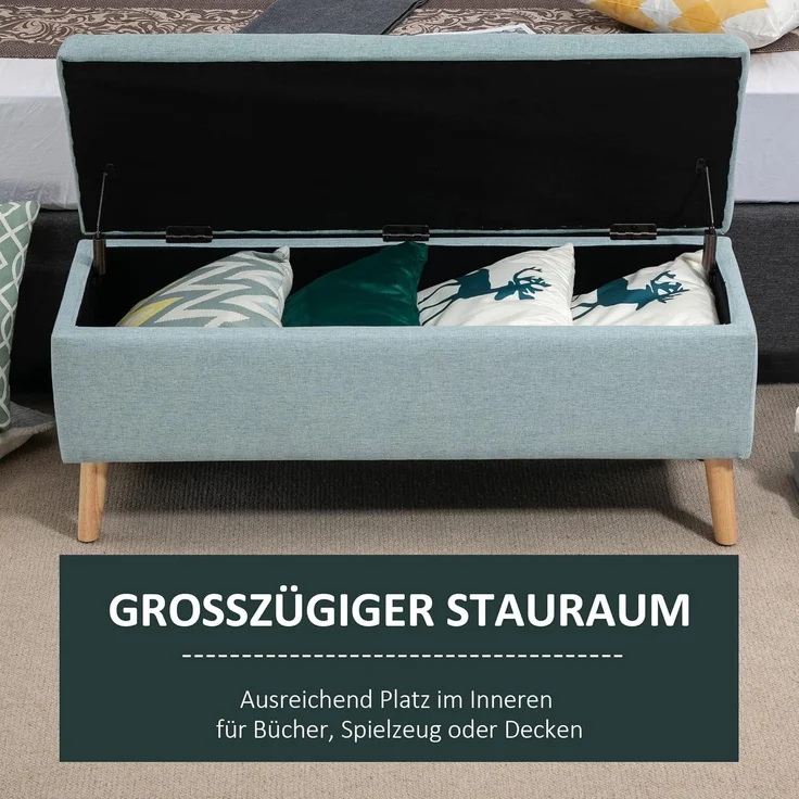 HOMCOM Sitzbank Polsterbank mit Stauraum (Aufbewahrungsbank, 1-St, Bettbank), Gummiholz Hellgrün 110 x 39 x 45 cm – Bild 4