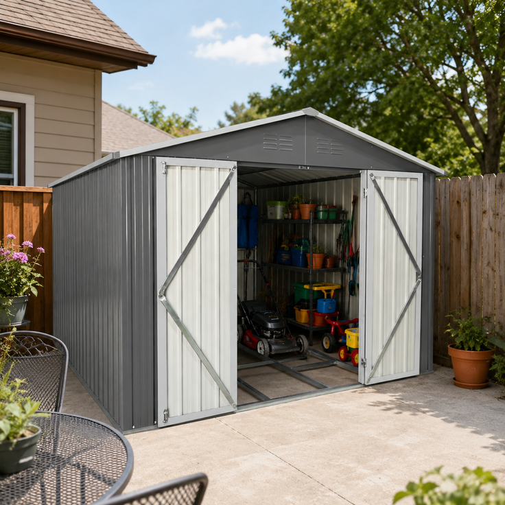 ZUBALIYA Metall-Gartenschuppen 10x8 ft mit Spitzdach in Grau als Außenlager. Der Schuppen ist mit einem integrierten Bodenrahmen ausgestattet. Grundfläche: 7,46 m²