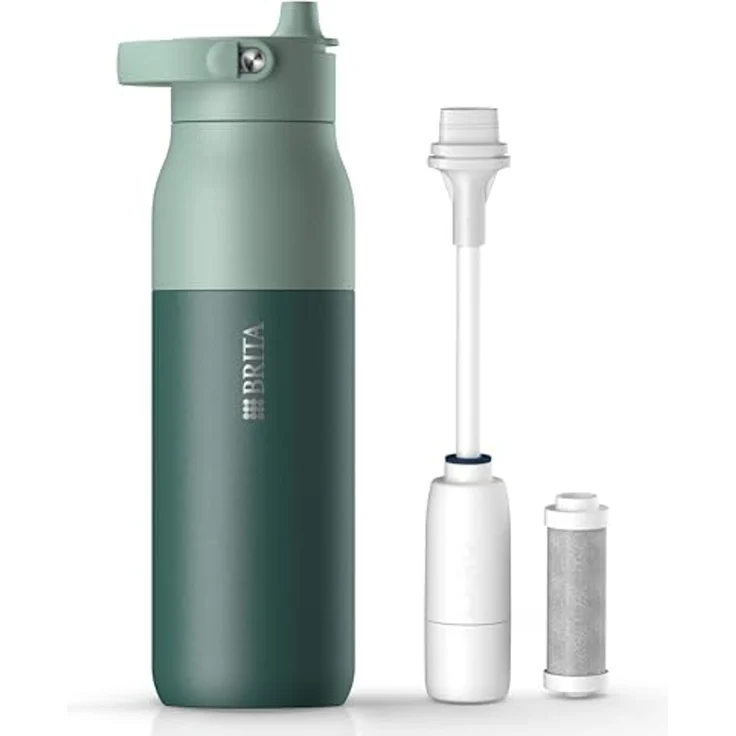 BRITA Trinkflasche BRITA LARQ Essential Filter Trinkflasche (1L) mit Strohhalm, Edelstahl Wasserflasche mit doppelwandiger Isolierung - hält 24h kalt – Bild 1
