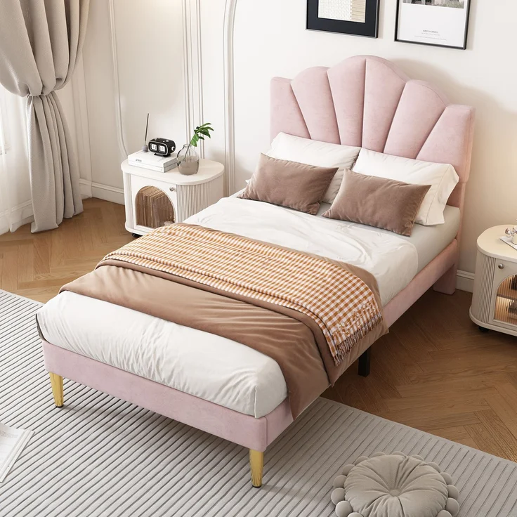 Polsterbett 90×200 cm aus Samt-Stoff mit verstellbarem Kopfteil, rosa – Bild 2