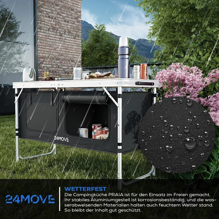 24Move Campingschrank Campingküche PRAIA Outdoorküche Alu (faltbar, höhenverstellbar, tragbar) mit Arbeitsplatte und Staufächern – Bild 6
