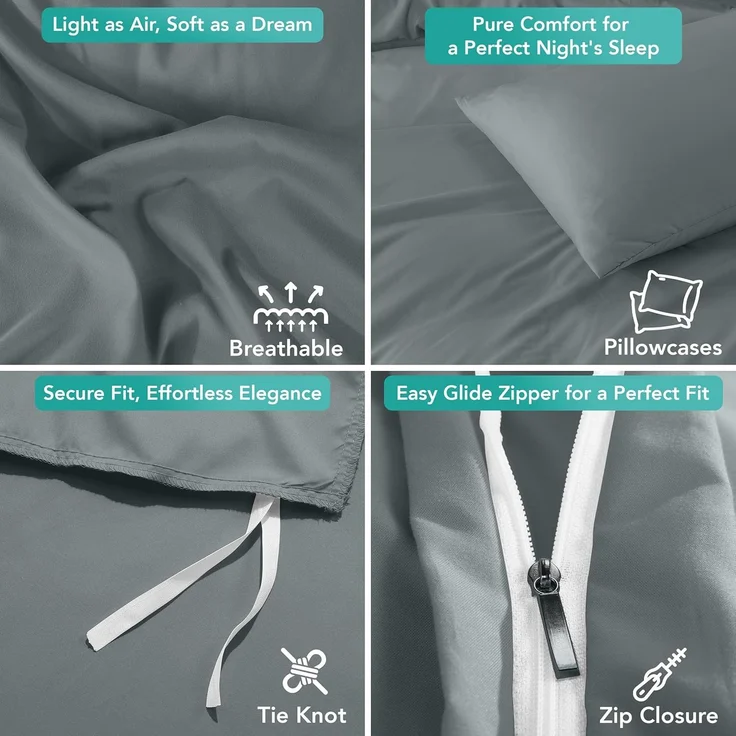 Utopia Bedding Bettbezug-Set mit Kissenbezügen – 3-teiliges Bettwäsche-Set mit Reißverschluss – 1 Bettbezug mit 2 Kissenbezügen – weich gebürstete Mikrofaser (Kingsize, Grau). – Bild 5