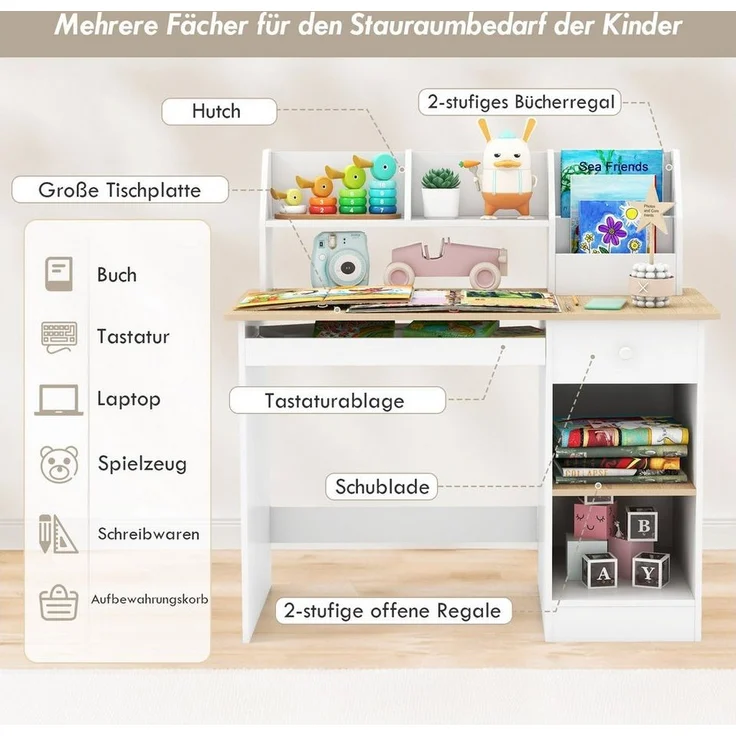 COSTWAY Kinderschreibtisch, mit Schublade, Bücherregal & Tastaturablage – Bild 2