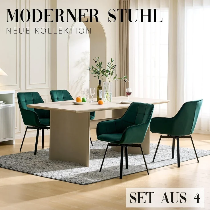 Esszimmerstühle drehbar Armlehne Polsterstuhl 4er Set Samt Grün – Bild 4