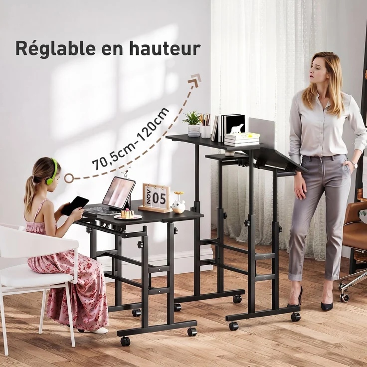Steh-Sitz-Schreibtisch, höhenverstellbar, 70 x 60 cm, mit Rollen und neigbarer Tischplatte, schwarzer Metallrahmen – Bild 6