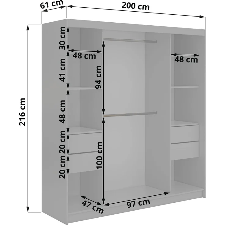 Kleiderschrank LAOS 200 cm Schiebetürenschrank Warmia-Nuss mit Akustikpaneel-Design (Lamellen) Schwarz & Spiegel, Inkl. Innenausstattung - mit Schubladen – Bild 6