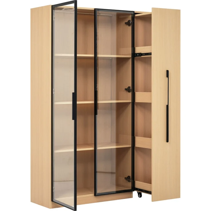 ZUBALIYA Multifunktionsschrank 110,5×35×160cm-Vitrine mit Glastür und LED, Seitenauszug, Rollschrank - Hochschrank im modernen Stil, Vitrine,Esszimmerschrank,Bücherregal, Badezimmerschrä – Bild 11