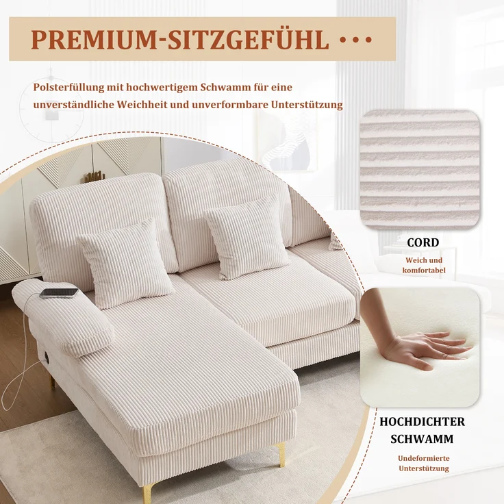 LVHOM U-Form Ecksofa mit Schlaffunktion & LED-Beleuchtung, Wohnzimmersofa mit USB-Anschluss, Cord Stoff Couch Sofa – Bild 7