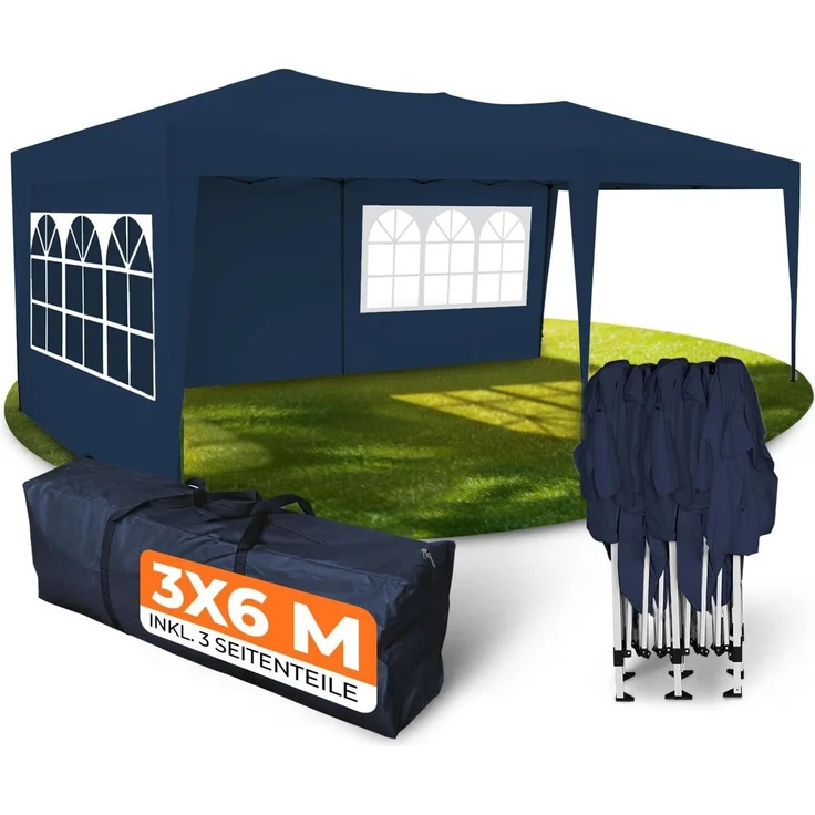 Kronenburg Faltpavillon wasserdicht Pavillon mit 3 Seitenteilen, Gartenzelt, 3x6 m - mit UV Schutz 50+, Blau – Bild 1