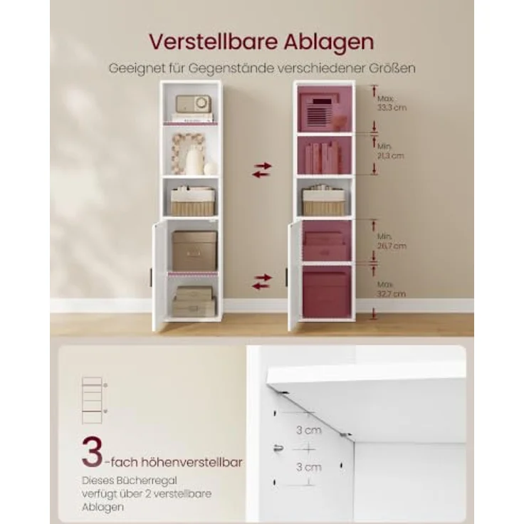 VASAGLE Bücherregal, 5-stöckiges Standregal mit Tür, 31.8 x 24 x 145.9 cm | Offenes Aufbewahrungsregal, für Wohnzimmer, Homeoffice, Esszimmer, Wolkenweiss, SIREN Kollektion LBC501WB01 – Bild 4