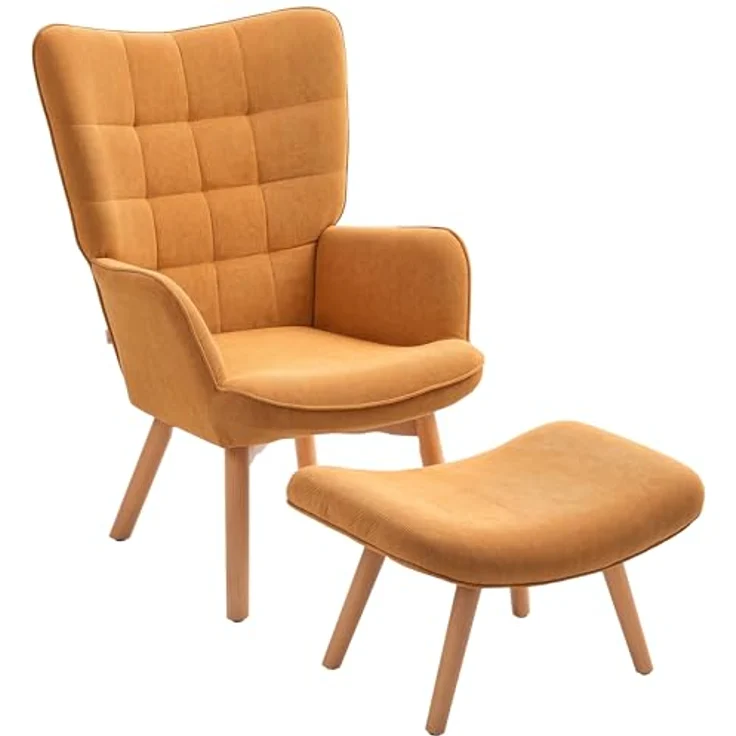 HOMCOM Relaxsessel Ohrensessel mit Hoher Rückenlehne, Holzbeine (Sessel mit Hocker, 2-St, Loungesessel), mit getuftetem Design, Cord-Optik, für Wohnzimmer, Braun – Bild 2