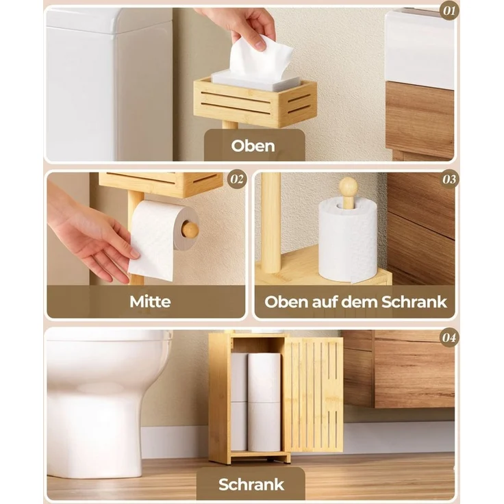 Yorbay Toilettenpapierhalter Schmaler Aufbewahrungsschrank mit Ablagefläche & Rollenhalter, Bambus Badezimmerschrank 20 x 17 x 73.5 cm – Bild 2