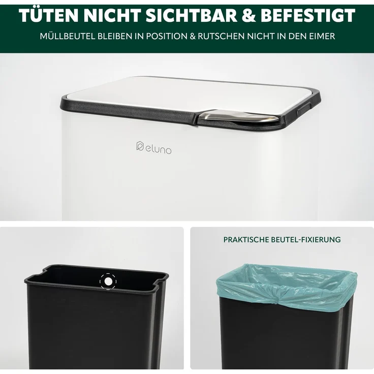 eluno Abfalleimer, 58 Liter Fassungsvermögen aus weißem Metall, 40,5 x 78 x 31 cm (B/H/T) – Bild 6