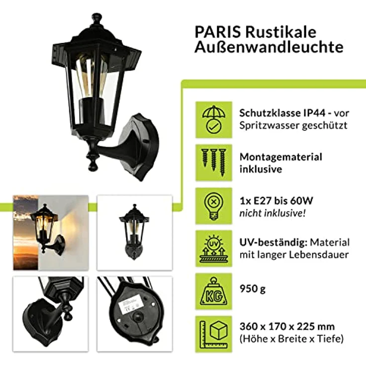 Licht-Erlebnisse PARIS, Außenleuchte aus Aluminium und Glas, Schwarz, IP44, rustikale Wandlaterne für Terrasse und Balkon, H:36 cm, E27 Fassung – Bild 2