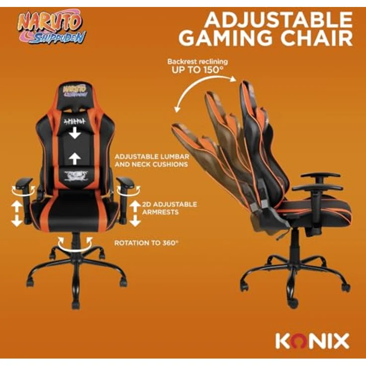 Konix Naruto Shippuden Premium-Gaming-Bürostuhl - Sitzneigung 150° - PVC-Leder - Lenden- und Nackenkissen - Naruto Hokage-Motiv – Bild 6