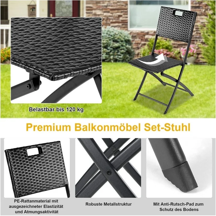 TLGREEN Balkonset Gartentisch- und Stuhlset, Gartenmöbel Set 3-teilige,Klappbar mit 2 Stühle und Tisch – Bild 3