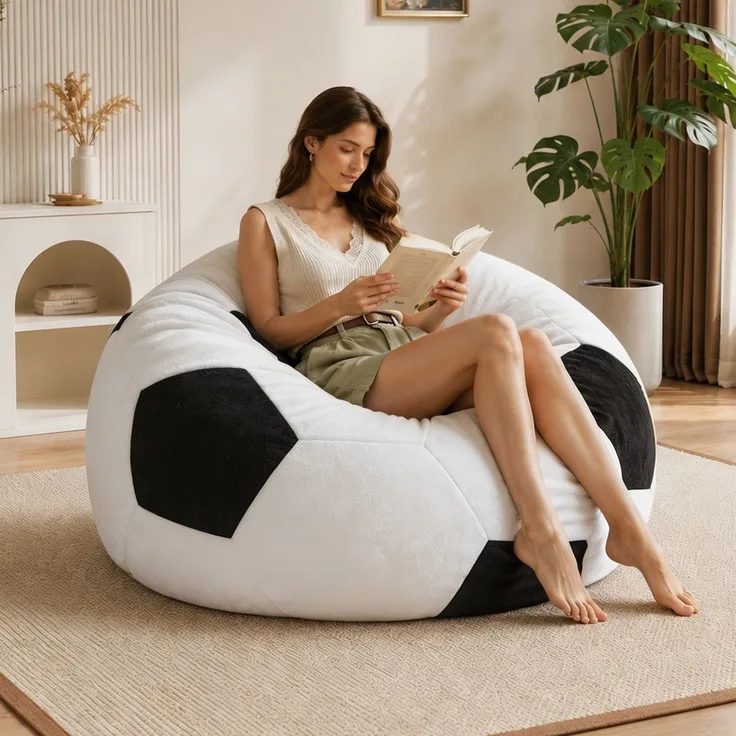Großer, fußballförmiger Sitzsack, mehrfarbige Ziernähte, bequemes Sofa zum Entspannen im Schlafzimmer, Wohnzimmer oder in der Leseecke, ideal für Erwachsene und Jugendliche – Weiß + Schwarz – 52 x 43,5 x 31,5 cm – YOUDENOVA