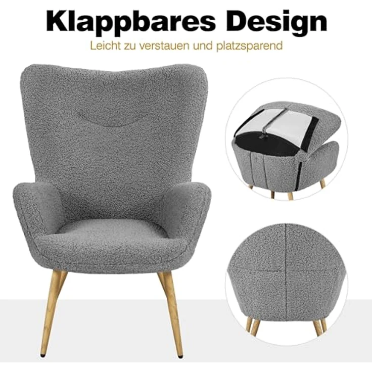 Yaheetech Ohrensessel eleganter Armsessel Polsterstuhl mit klappbare Rückenlehne Lehnsessel bis 136 kg belastbar Sessel fürs Wohnzimmer/Schlafzimmer Grau – Bild 7