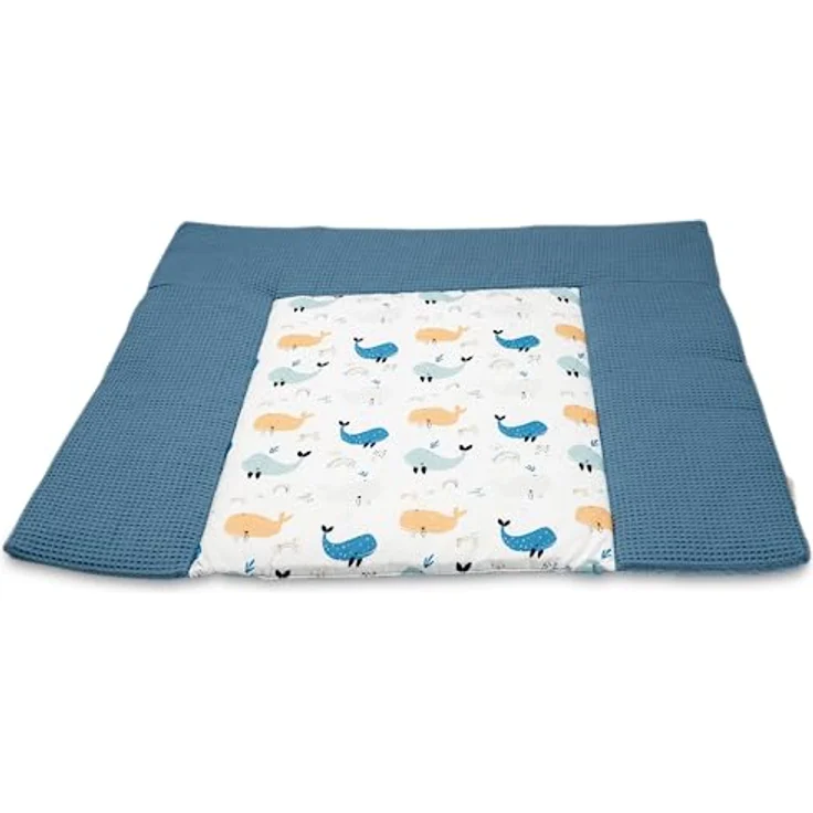 ULLENBOOM ® Wickelauflage 85x75 cm Waffelpiqué Blau Wale (Made in EU) - Wickelunterlage Waschbar und für Unterwegs geeignet, Bezug: 100% OEKO TEX Baumwolle, Wickeltischauflage 75x85 – Bild 2