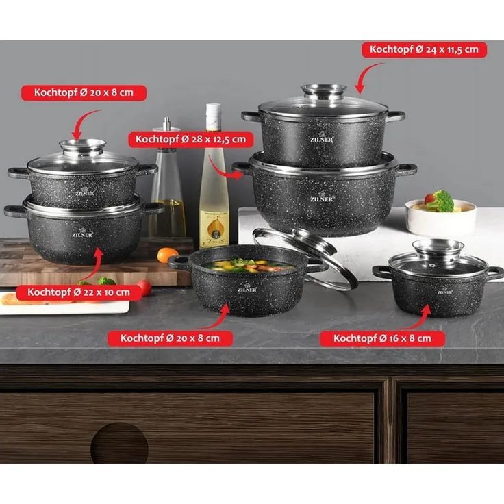 Zilner Topf-Set Set von sechs schönen grauen steinüberzogenen Töpfen, Aluminium, Keramik, Edelstahl, Aluminiumguss (Passt in jede Küche! 1.3L / 2.3L / 2.3L / 3.2L / 4.5L / 6.8L, 12-tlg, Es ist eine perfekte Geschenkidee für jeden Anlass), Innovative Ar...
