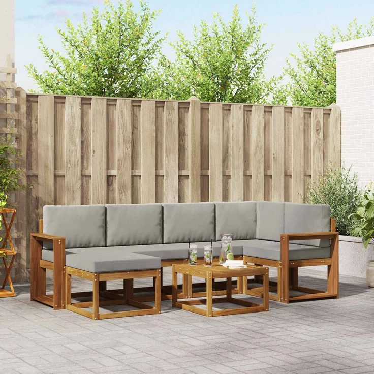 vidaXL Outdoor-Sofagarnitur mit Kissen 7 pcs Natürlich und Hellgrau 3366679 – Bild 1