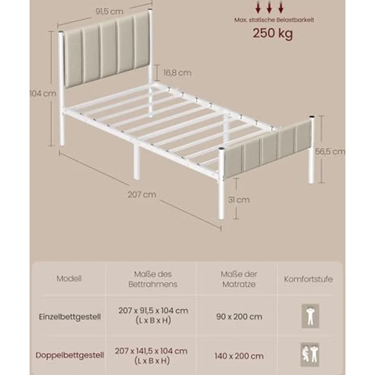 VASAGLE Einzelbettgestell, Bettgestell, 90x200 cm, mit gepolstertem Kopfteil, Bettrahmen, Stahl, trägt bis zu 250 kg, einfache Montage, cappuccinobeige RMB972LH01 – Bild 2