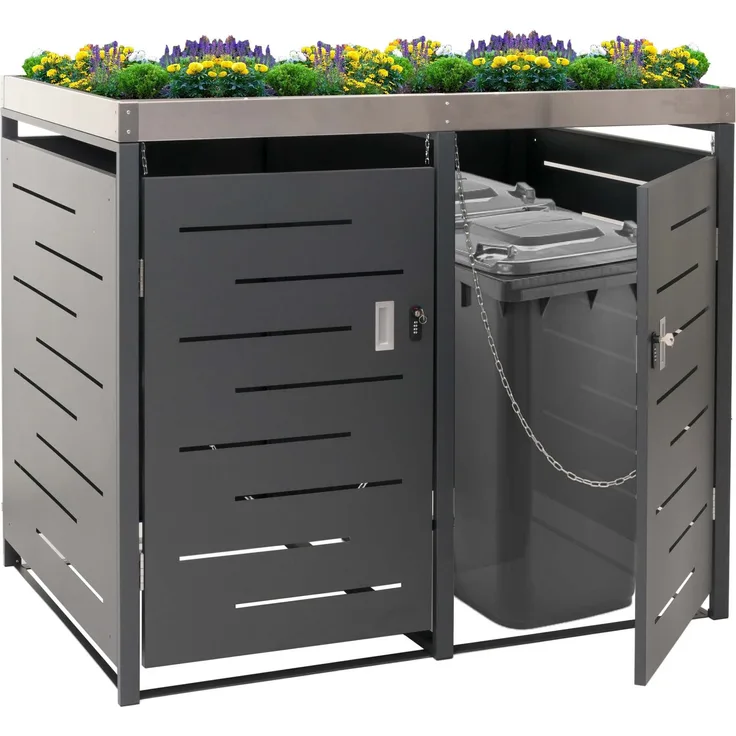 XL 2er-/4er-Mülltonnenverkleidung HWC-H40, Mülltonnenbox, Pflanzkasten Edelstahl-Metall 63kg 125x140x102cm erweiterbar