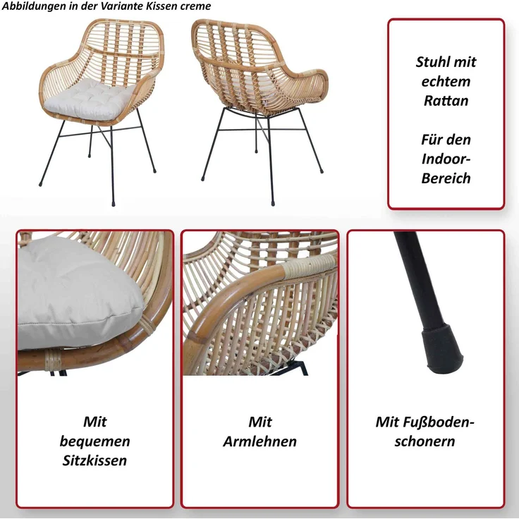6er-Set Esszimmerstuhl HWC-P17, Küchenstuhl Korbstuhl Rattansessel Rattanstuhl Stuhl, Kubu Rattan Metall ~ Polster grün – Bild 2