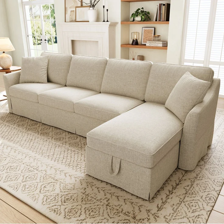 DESVIAE Sofa L-Form Beige aus Leinenoptik – 274x83x128,5 cm – Stauraum, abnehmbare Bezüge – Bild 6